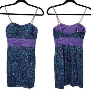 Hailey Logan Dress Mermaid Fairycore Netted Sequin Fit Flare Mini Purple 3/4